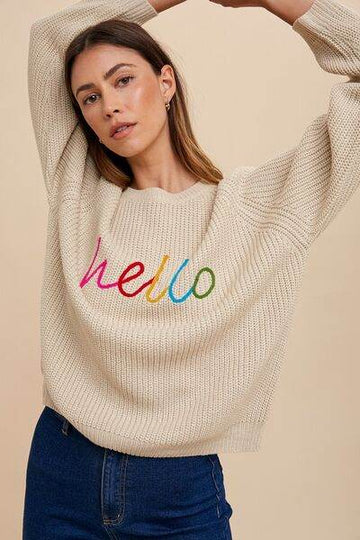 Annie Wear HELLO Embroidered Raglan Sleeve Sweater - Hovatok