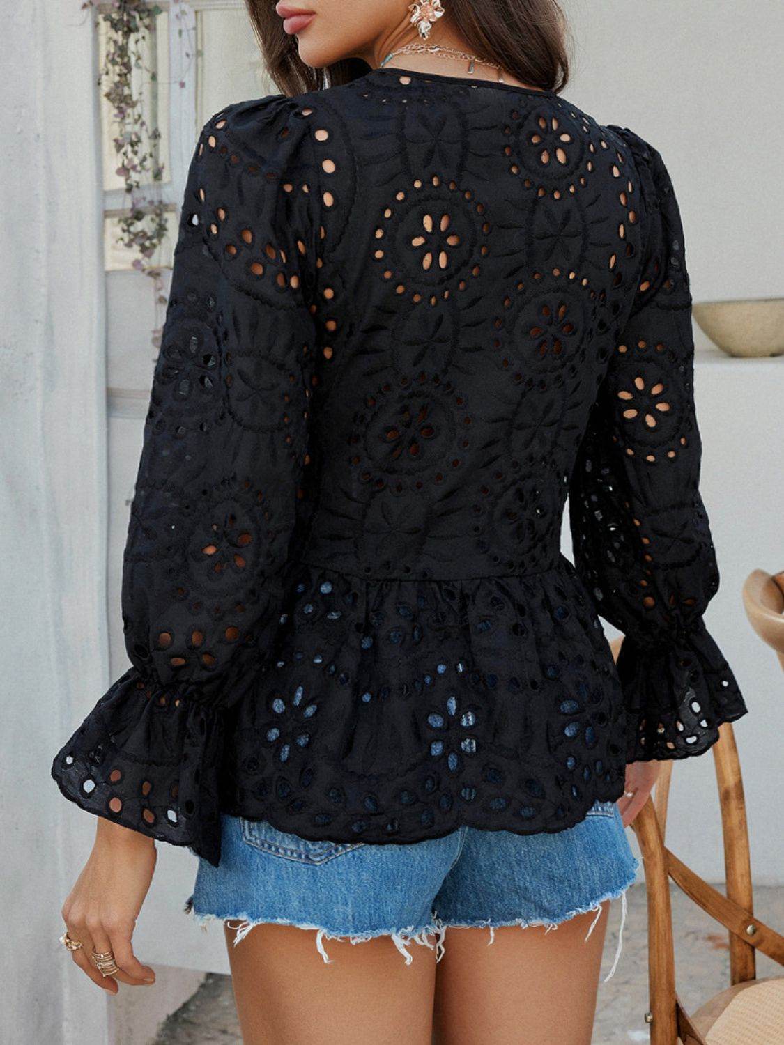 Devine Tie Front Flounce Sleeve Peplum Blouse - Hovatok