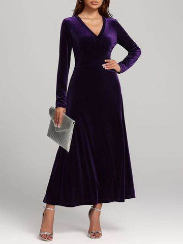 V-Neck Long Sleeve Velvet Dress - Hovatok