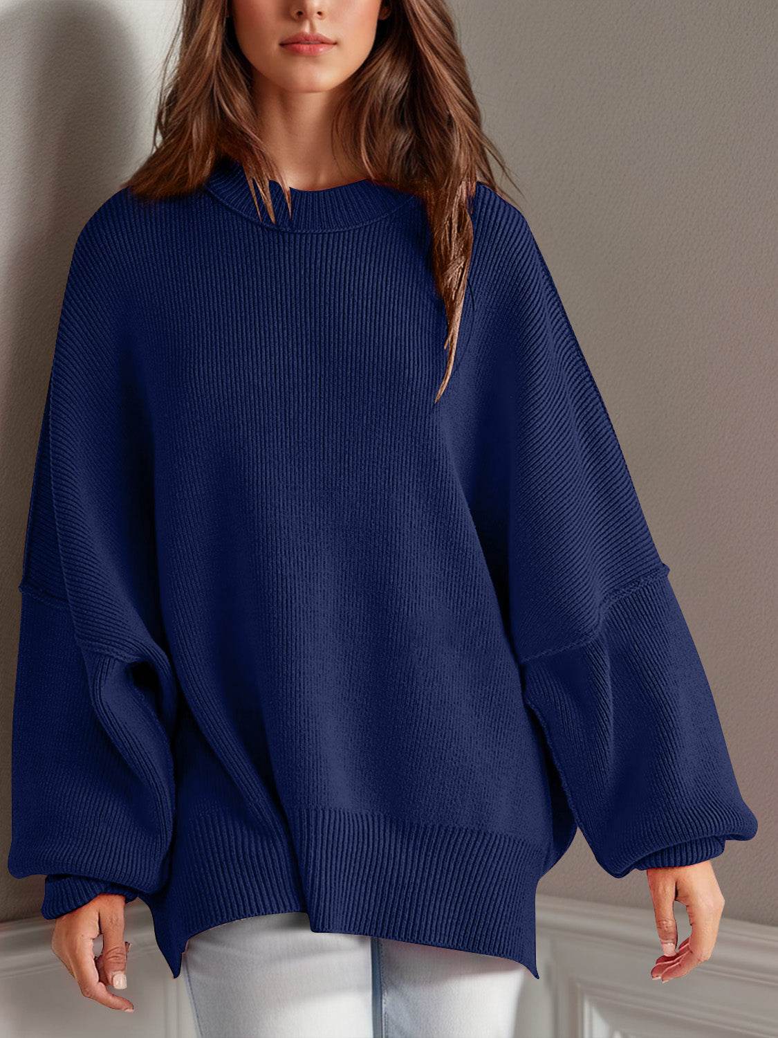 Double Take Side Slit Round Neck Long Sleeve Sweater - Hovatok