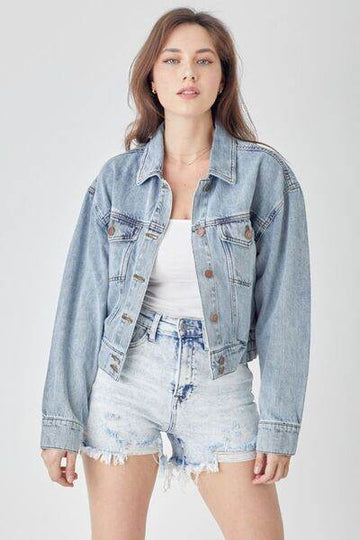 RISEN Full Size Button Down Cropped Denim Jacket - Hovatok