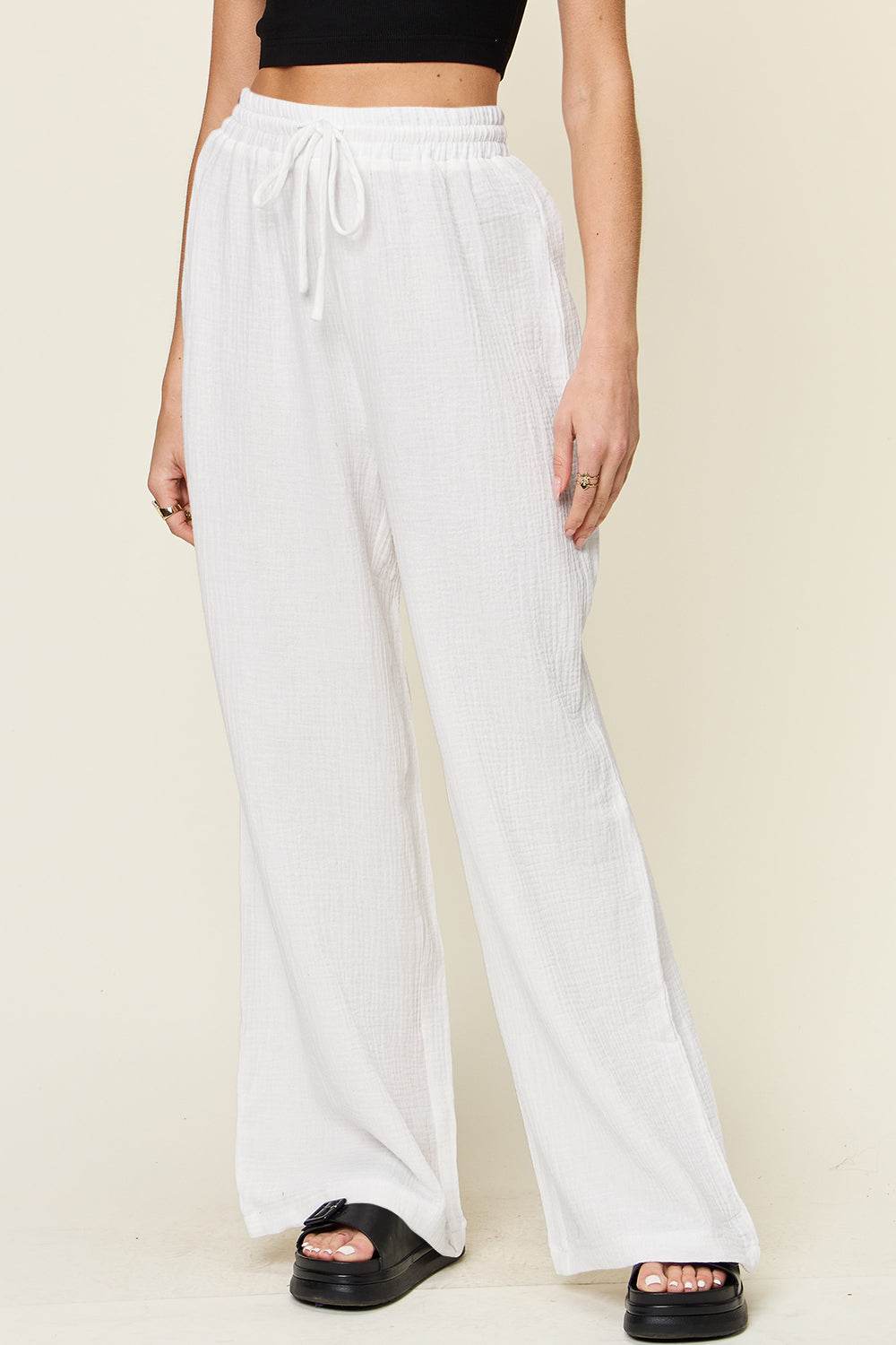 Double Take Full Size Texture Drawstring Wide Leg Pants - Hovatok