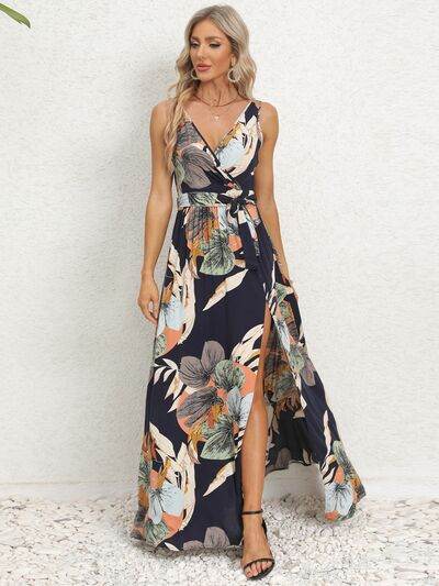 Slit Tied Printed Surplice Dress - Hovatok
