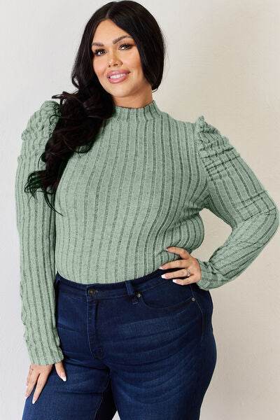 Basic Bae Full Size Ribbed Mock Neck Puff Sleeve T-Shirt - Hovatok