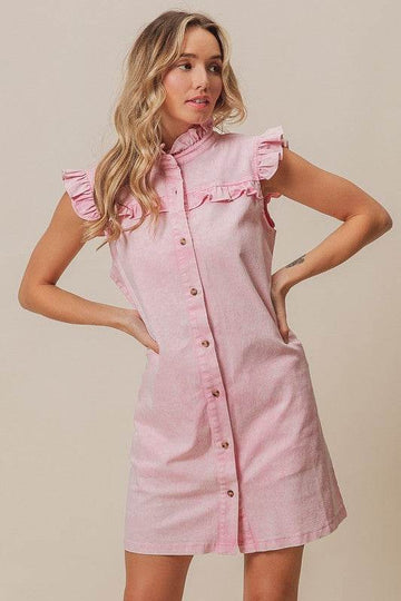 BiBi Washed Button Down Ruffled Cap Sleeve Denim Dress - Hovatok