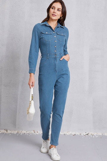 Snap Down Denim Jumpsuit with Pockets - Hovatok