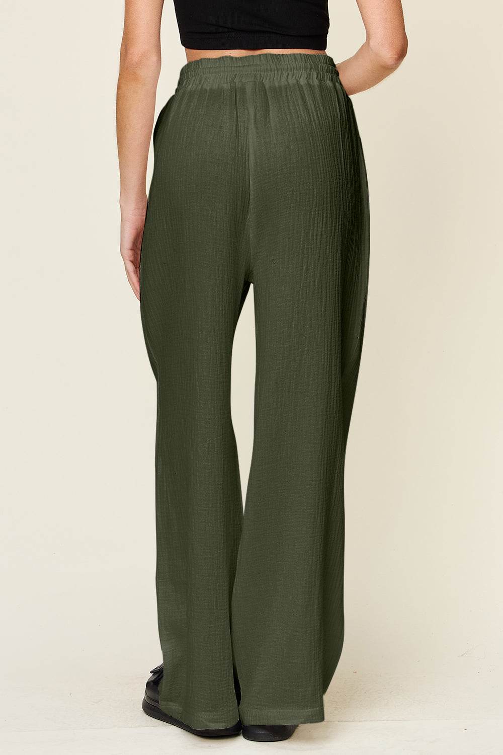 Double Take Full Size Texture Drawstring Wide Leg Pants - Hovatok