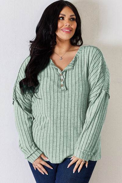 Basic Bae Full Size Ribbed Half Button Long Sleeve T-Shirt - Hovatok