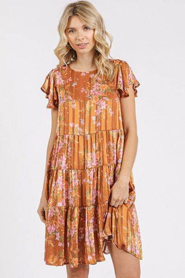Mittoshop Flower Print Round Neck Flutter Sleeve Tiered Dress - Hovatok