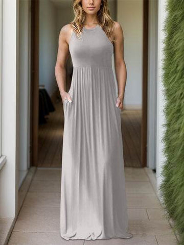 Full Size Grecian Neck Dress with Pockets - Hovatok