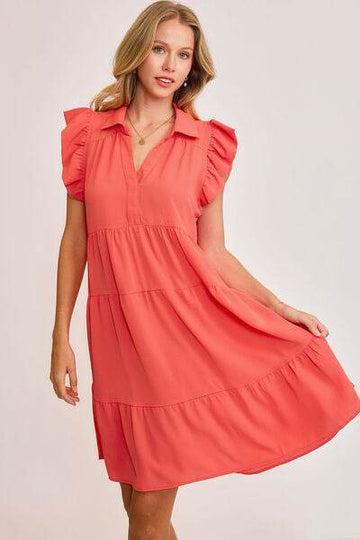 Umgee Full Size Johnny Collar Ruffle Cap Sleeve Tiered Dress Plus Size - Hovatok