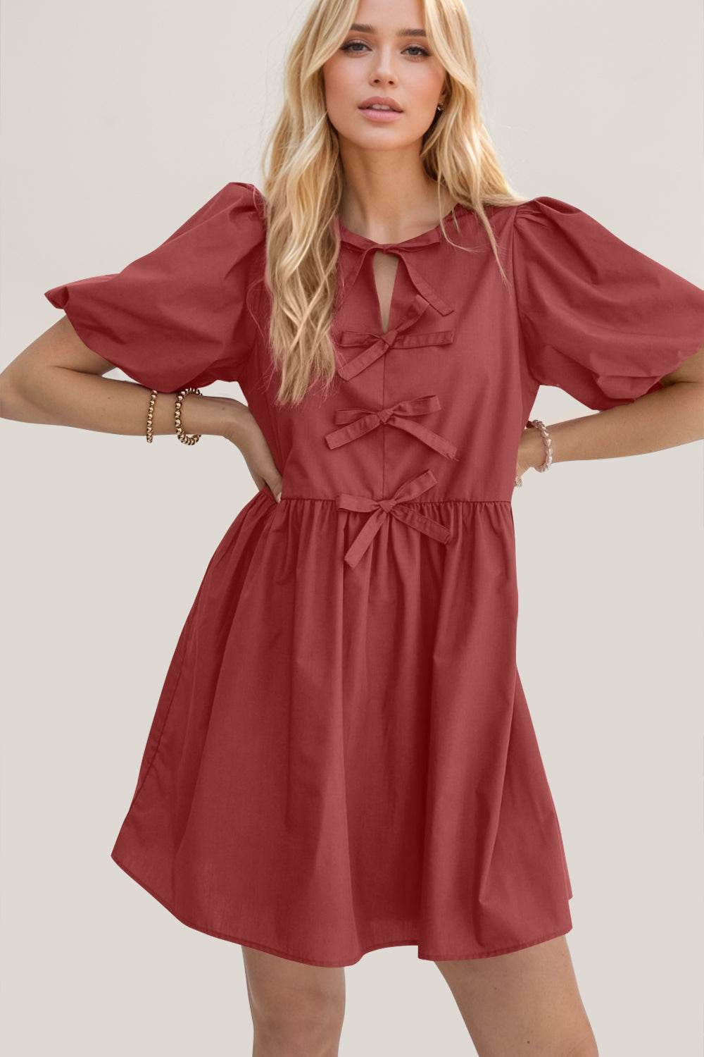 Oh Bow Ruched Puff Sleeve Mini Dress - Hovatok