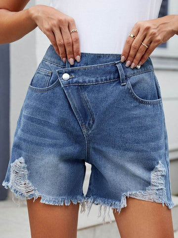 Distressed Raw Hem Asymmetrical Waist Denim Shorts - Hovatok