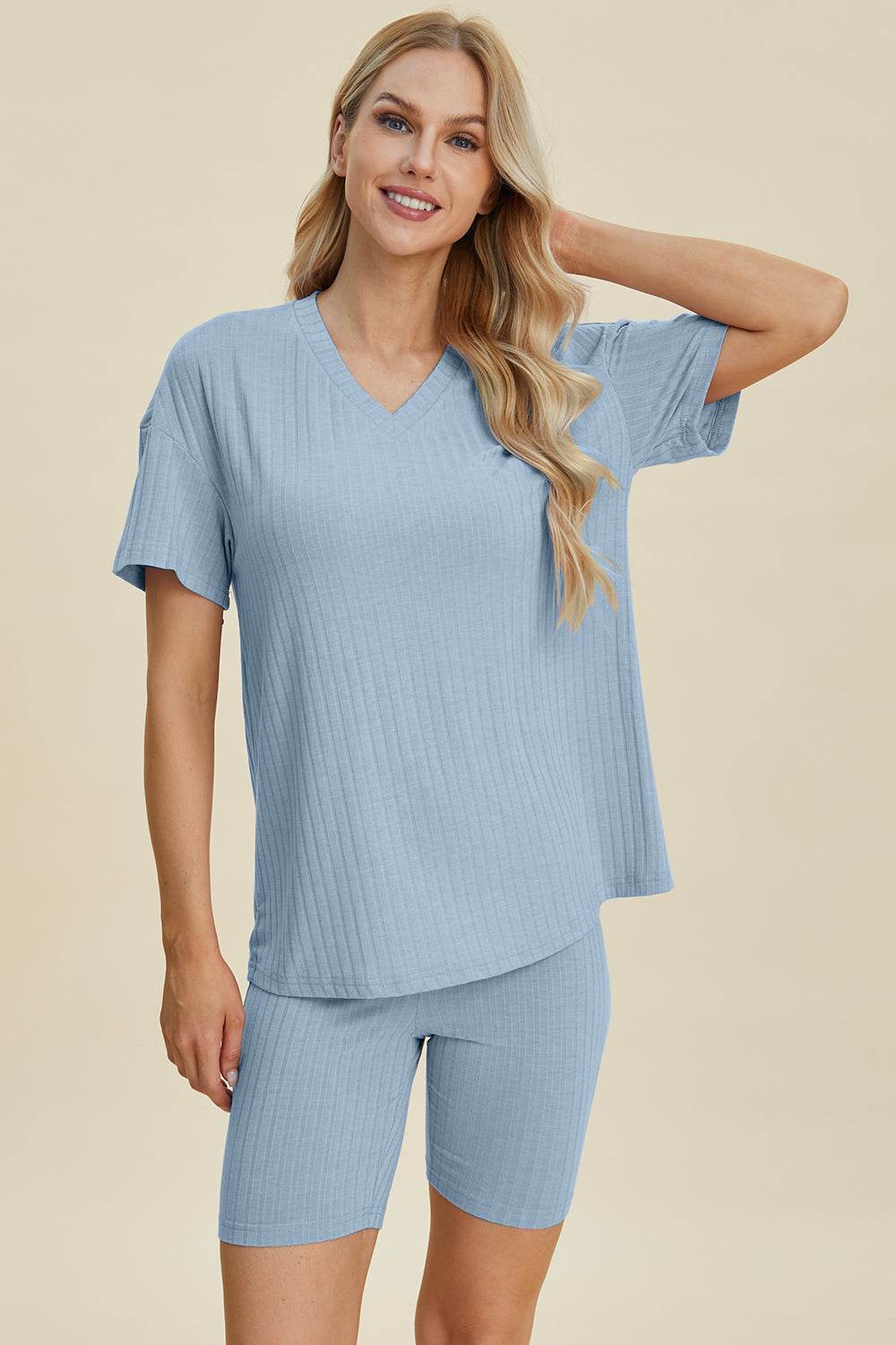 Basic Bae Full Size Ribbed V-Neck Short Sleeve Top and Shorts Set - Hovatok