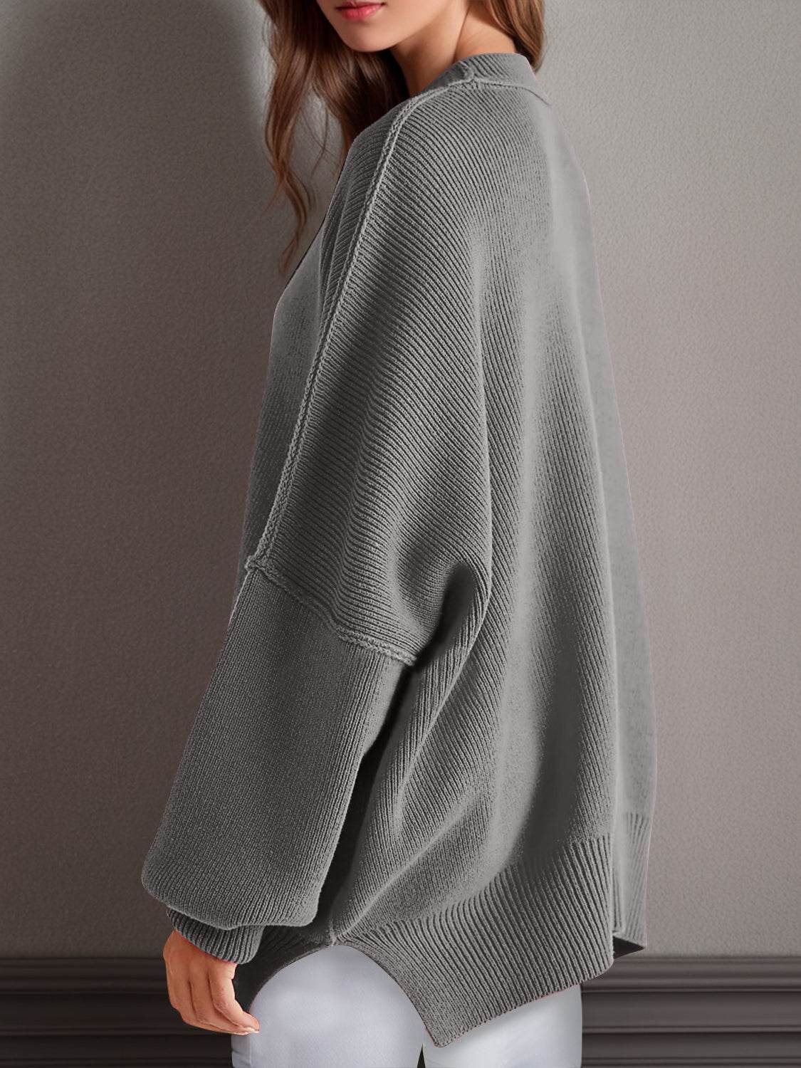 Double Take Side Slit Round Neck Long Sleeve Sweater - Hovatok