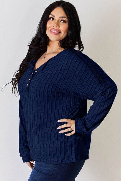 Basic Bae Full Size Ribbed Half Button Long Sleeve T-Shirt - Hovatok