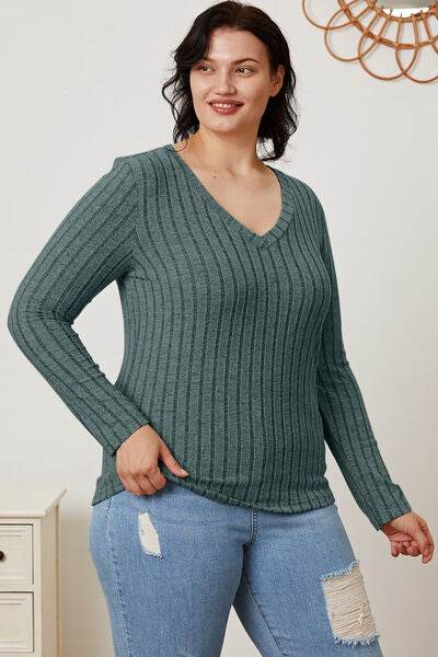 Basic Bae Full Size Ribbed V-Neck Long Sleeve T-Shirt - Hovatok