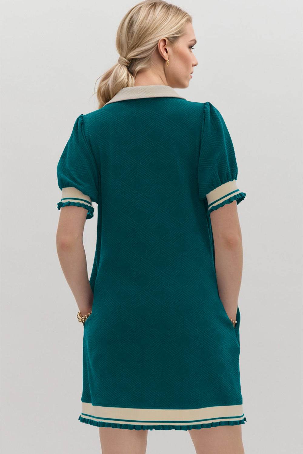 Oh Frill Contrast Trim Johnny Collar Short Sleeve Mini Dress - Hovatok