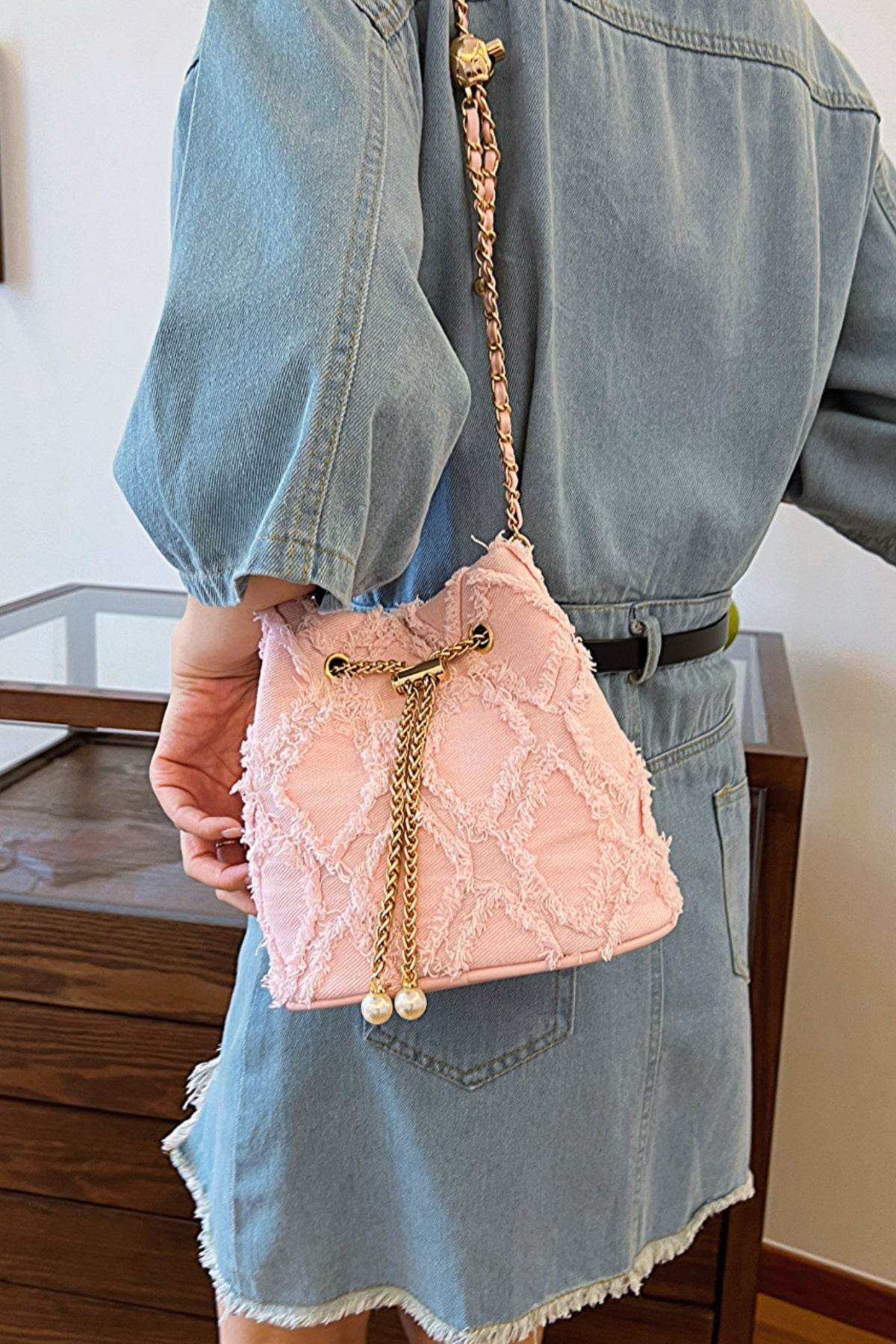 Chain Drawstring Raw Edge Denim Bucket Bag - Hovatok