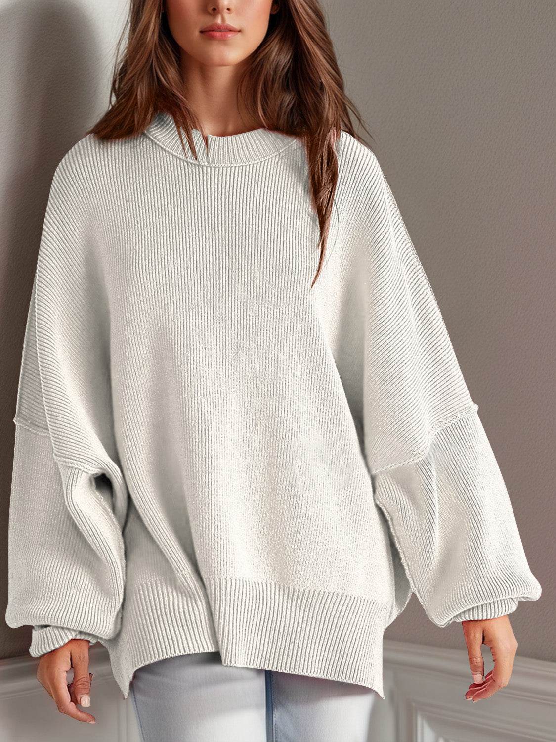 Double Take Side Slit Round Neck Long Sleeve Sweater - Hovatok