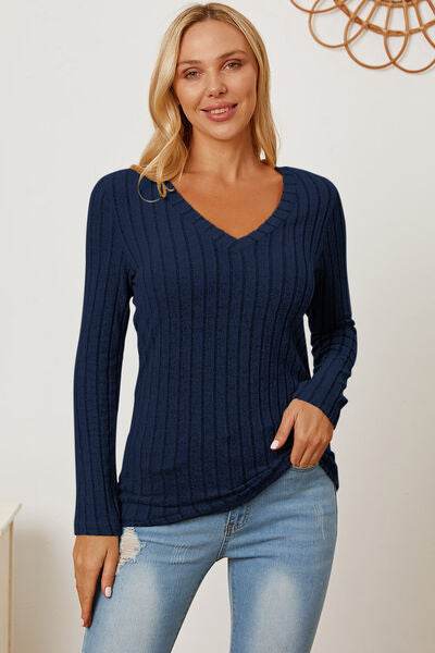 Basic Bae Full Size Ribbed V-Neck Long Sleeve T-Shirt - Hovatok