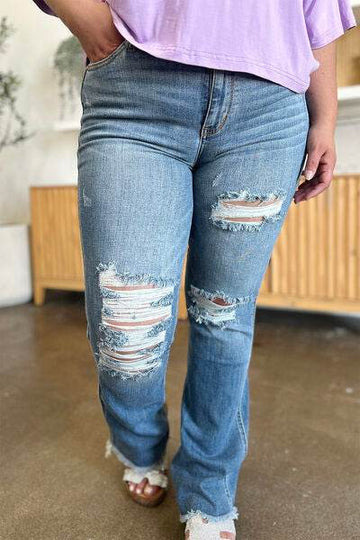 Judy Blue Full Size Distressed Raw Hem Bootcut Jeans - Hovatok