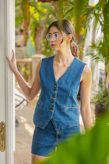 Annie Wear Button Down V-Neck Denim Vest - Hovatok