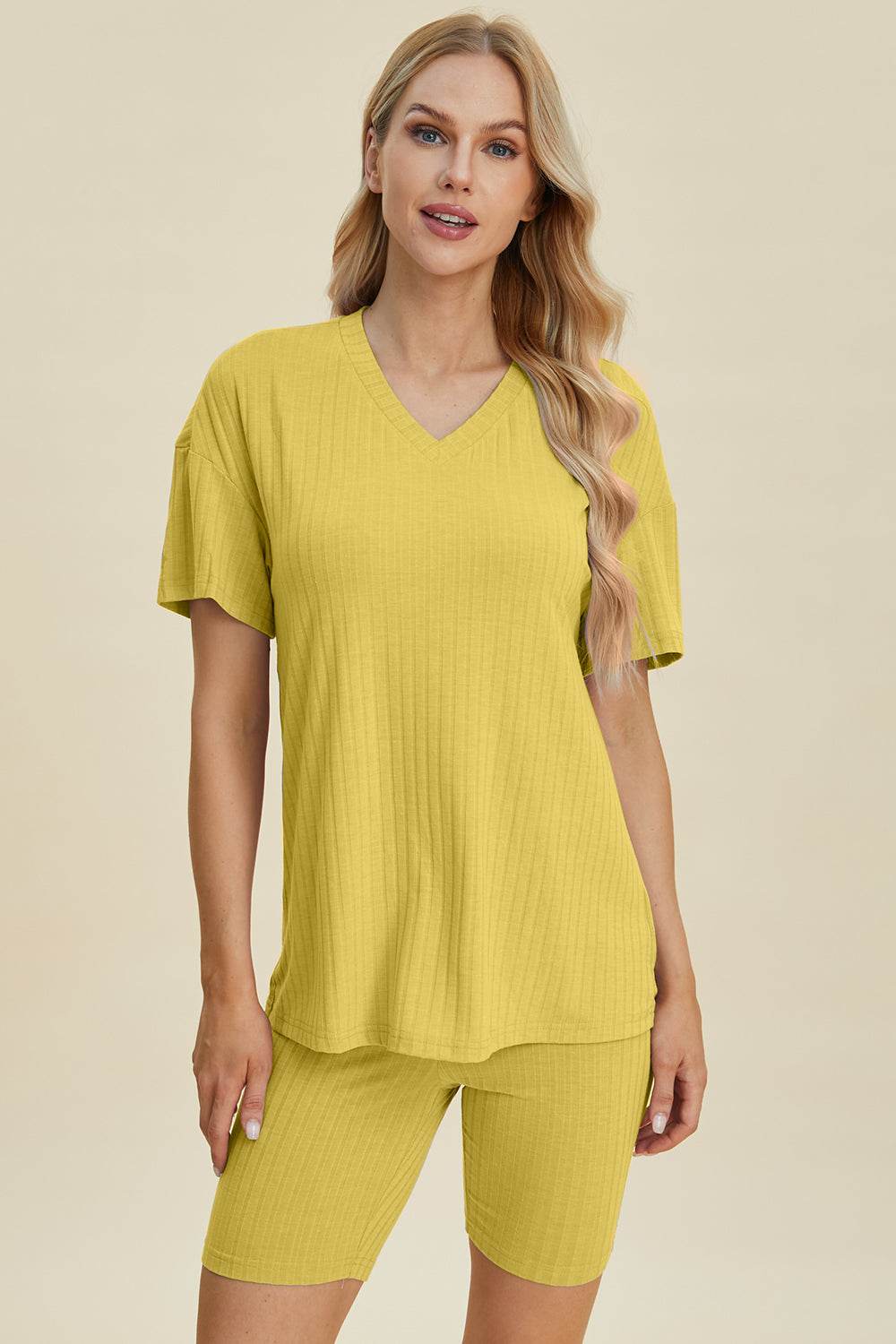 Basic Bae Full Size Ribbed V-Neck Short Sleeve Top and Shorts Set - Hovatok