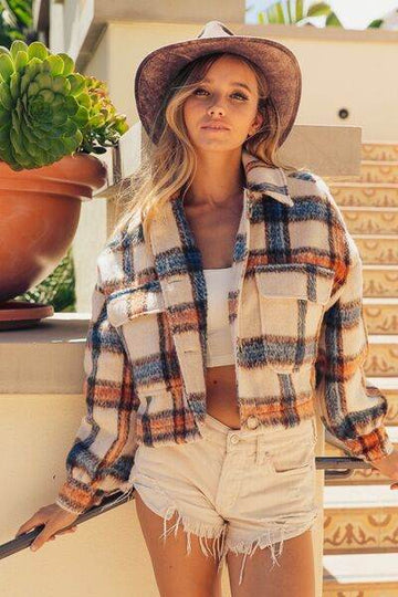 BiBi Brushed Plaid Crop Jacket with Pockets - Hovatok