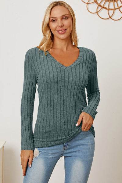 Basic Bae Full Size Ribbed V-Neck Long Sleeve T-Shirt - Hovatok