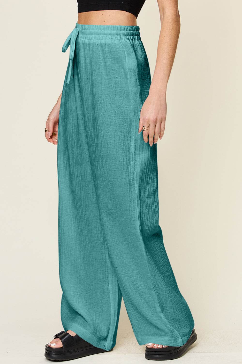 Double Take Full Size Texture Drawstring Wide Leg Pants - Hovatok