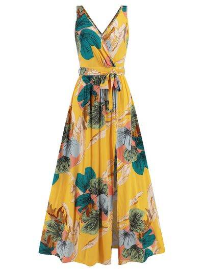 Slit Tied Printed Surplice Dress - Hovatok