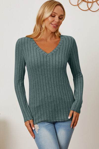 Basic Bae Full Size Ribbed V-Neck Long Sleeve T-Shirt - Hovatok