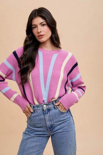 Annie Wear Chevron Stripe Round Neck Ribbed Sweater - Hovatok