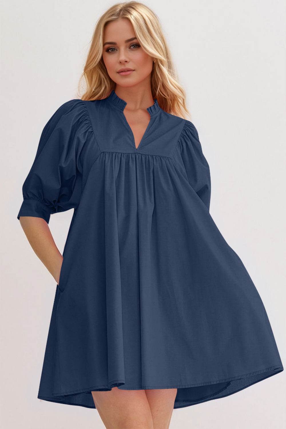 Oh Frill Notched Puff Sleeve Babydoll Mini Dress - Hovatok