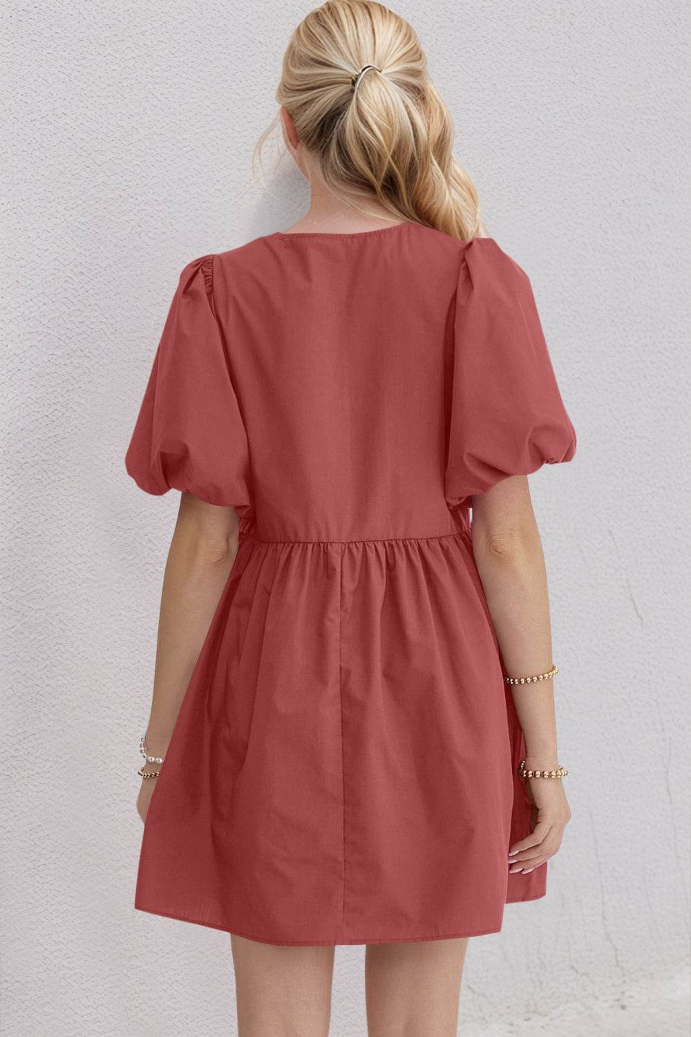 Oh Bow Ruched Puff Sleeve Mini Dress - Hovatok