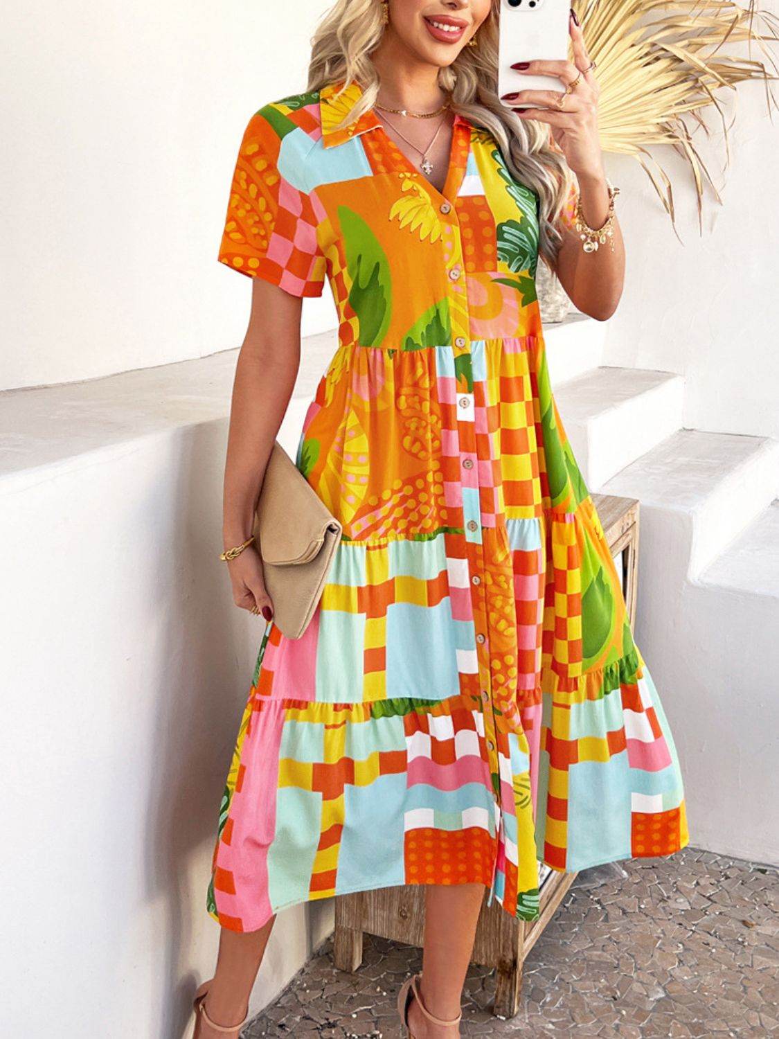 Devine Printed Johnny Collar Button Down Short Sleeve Midi Shirt Dress - Hovatok