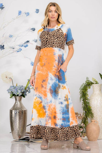 Celeste Full Size Leopard Tie-Dye Button Detail Short Sleeve Maxi Dress Plus Size - Hovatok