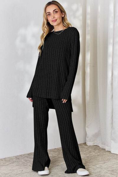 Basic Bae Full Size Ribbed High-Low Top and Wide Leg Pants Set - Hovatok