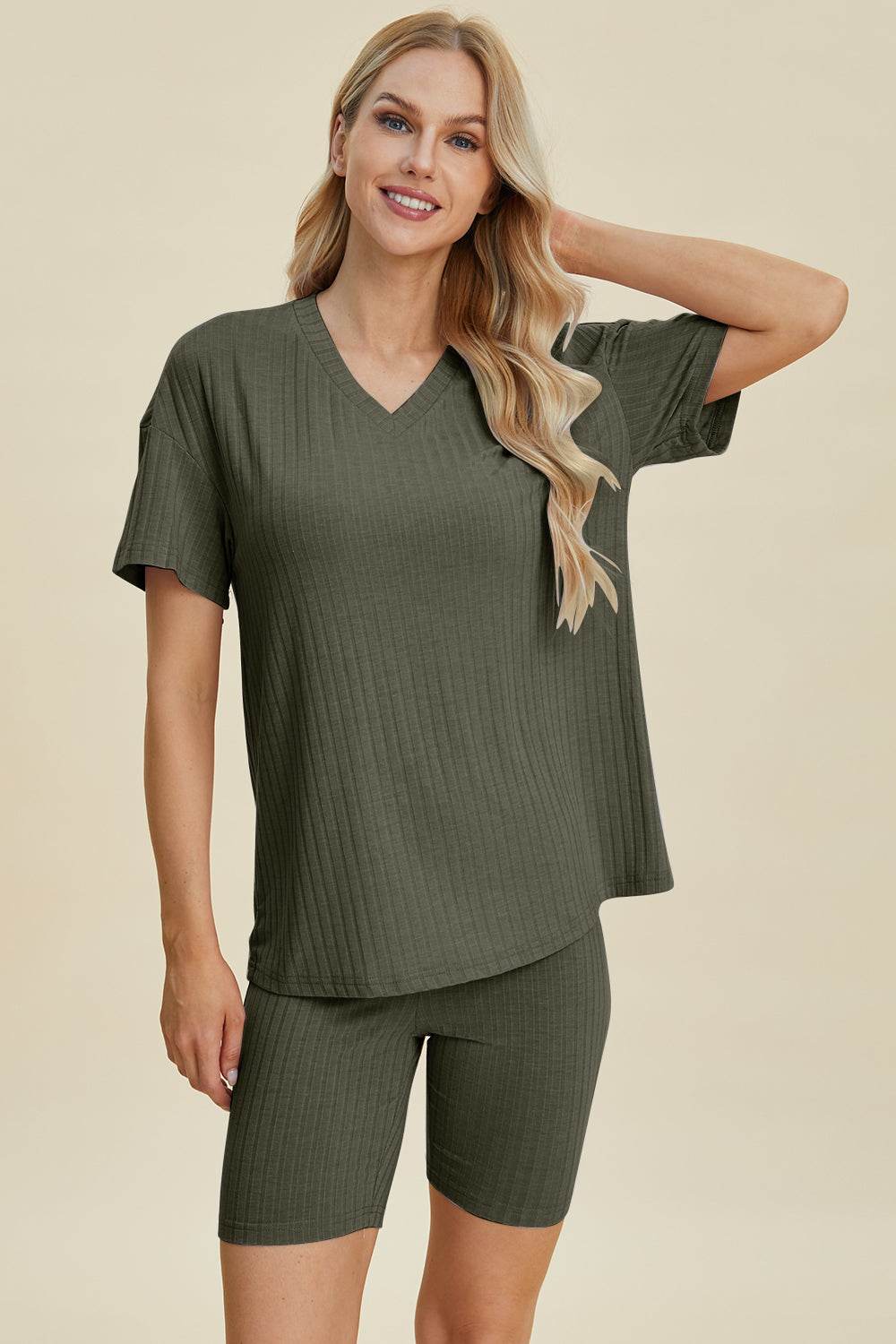 Basic Bae Full Size Ribbed V-Neck Short Sleeve Top and Shorts Set - Hovatok