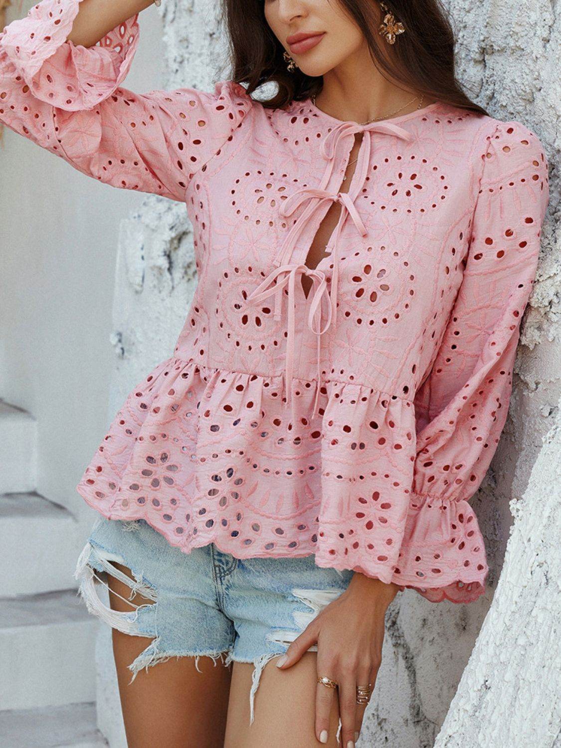 Devine Tie Front Flounce Sleeve Peplum Blouse - Hovatok
