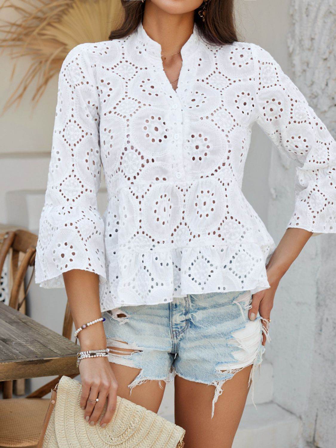 Devine Half Button Flounce Sleeve Peplum Blouse - Hovatok