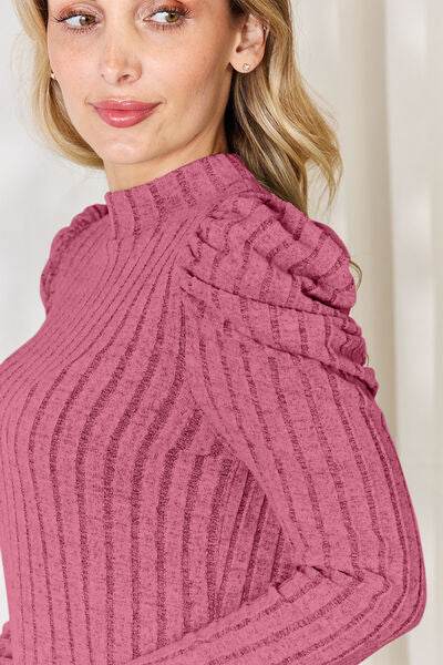 Basic Bae Full Size Ribbed Mock Neck Puff Sleeve T-Shirt - Hovatok