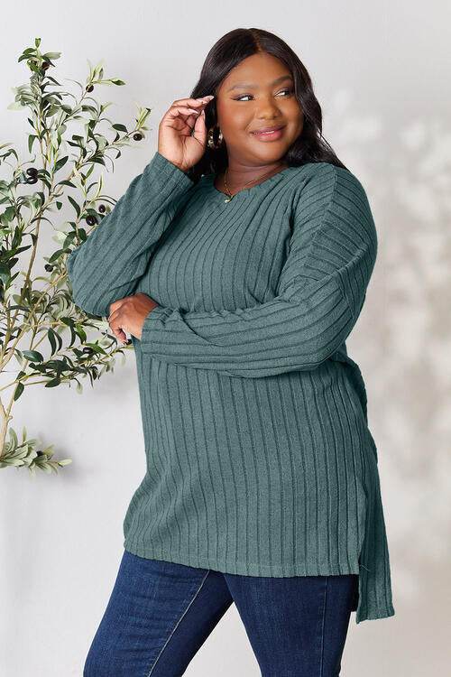 Basic Bae Full Size Ribbed Round Neck Long Sleeve Slit Top - Hovatok