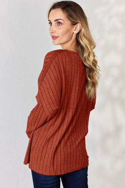 Basic Bae Full Size Ribbed Half Button Long Sleeve T-Shirt - Hovatok