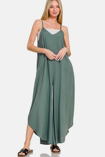 Zenana Sleeveless Curved Hem Wide Leg Overalls with Pockets - Hovatok