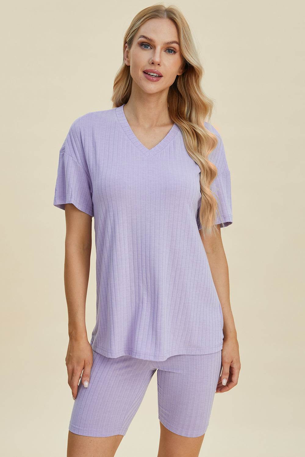 Basic Bae Full Size Ribbed V-Neck Short Sleeve Top and Shorts Set - Hovatok