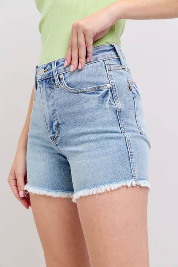 Judy Blue Full Size Tummy Control Raw Hem Denim Shorts Plus Size - Hovatok