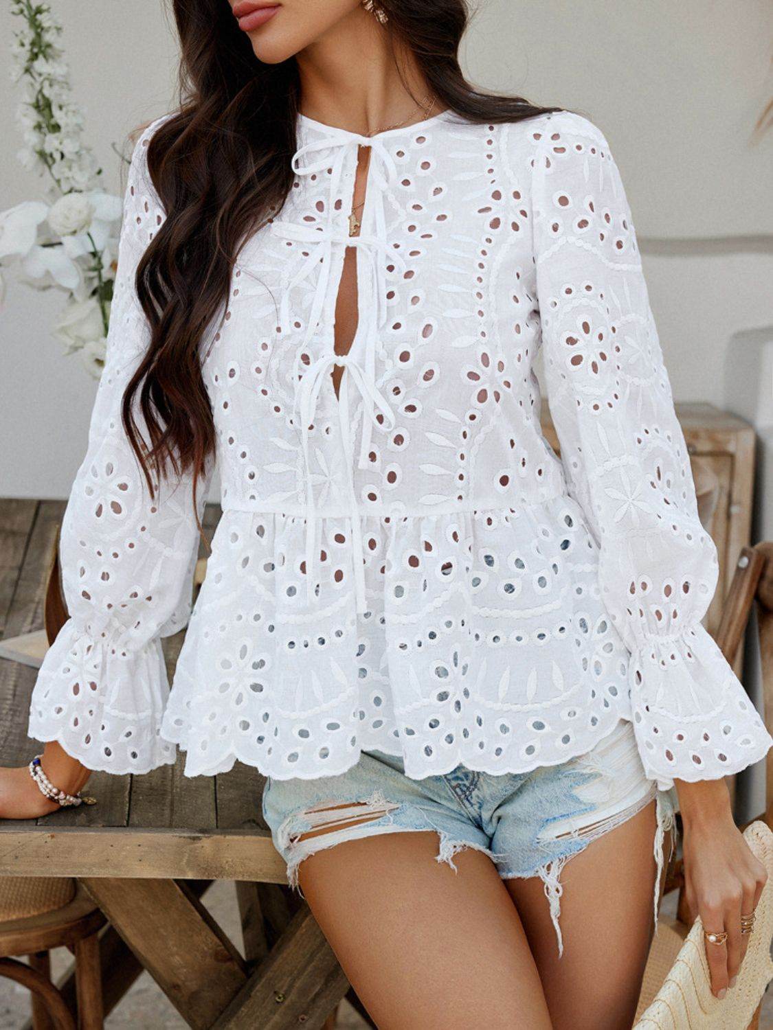 Devine Tie Front Flounce Sleeve Peplum Blouse - Hovatok