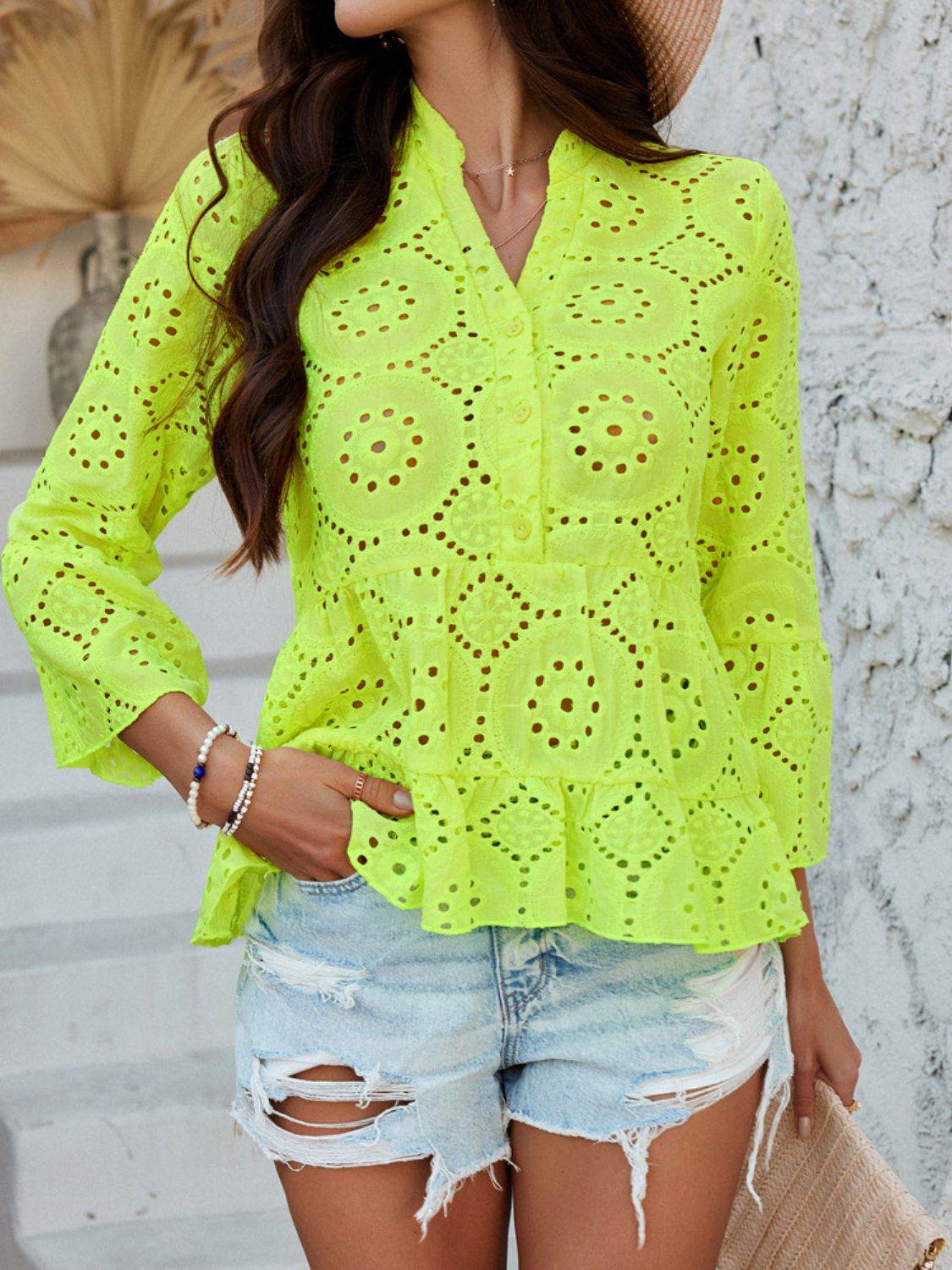 Devine Half Button Flounce Sleeve Peplum Blouse - Hovatok